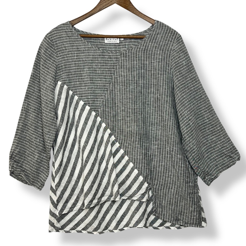 Habitat 100% Linen S Top Gray White Stripe Asymmetric Oversize Relaxed Lagenlook
